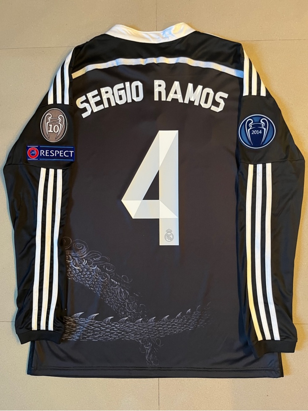 Sergio Ramos #4 Madrid soccer jersey Longsleeve 2014 UCL Away Retro Black Dragon
